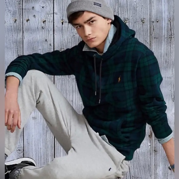 POLO RALPH LAUREN • BOY’S FLEECE BLACKWATCH PLAID HOODIE • green sherpa blue - Picture 2 of 9